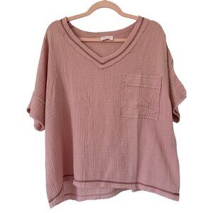 Pink Lily Precious Smile Mauve Raw Hem Pocket Blouse Small Cotton
